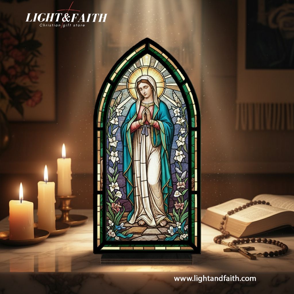 Our Lady of Grace Book Nook Light, Virgin Mary Stained Glass Style Decor, Christian Home Altar LED Lamp, Catholic Faith Gift for Prayer Room BNLAF20